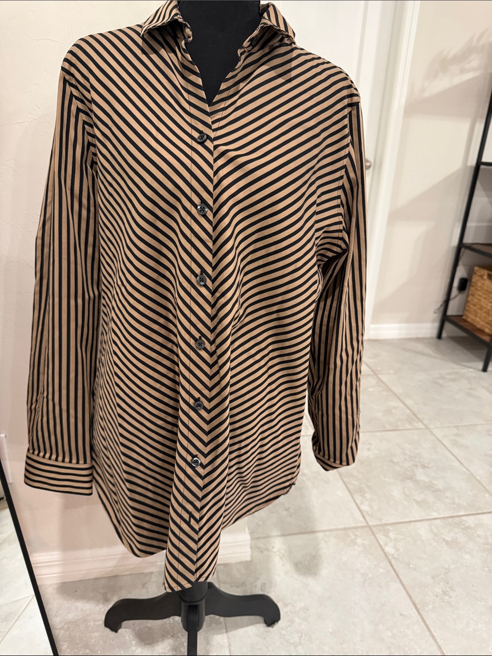 Chico’s No Iron Chic Stretch Size 2 US 12 Tan Black Striped Button Down Shirt